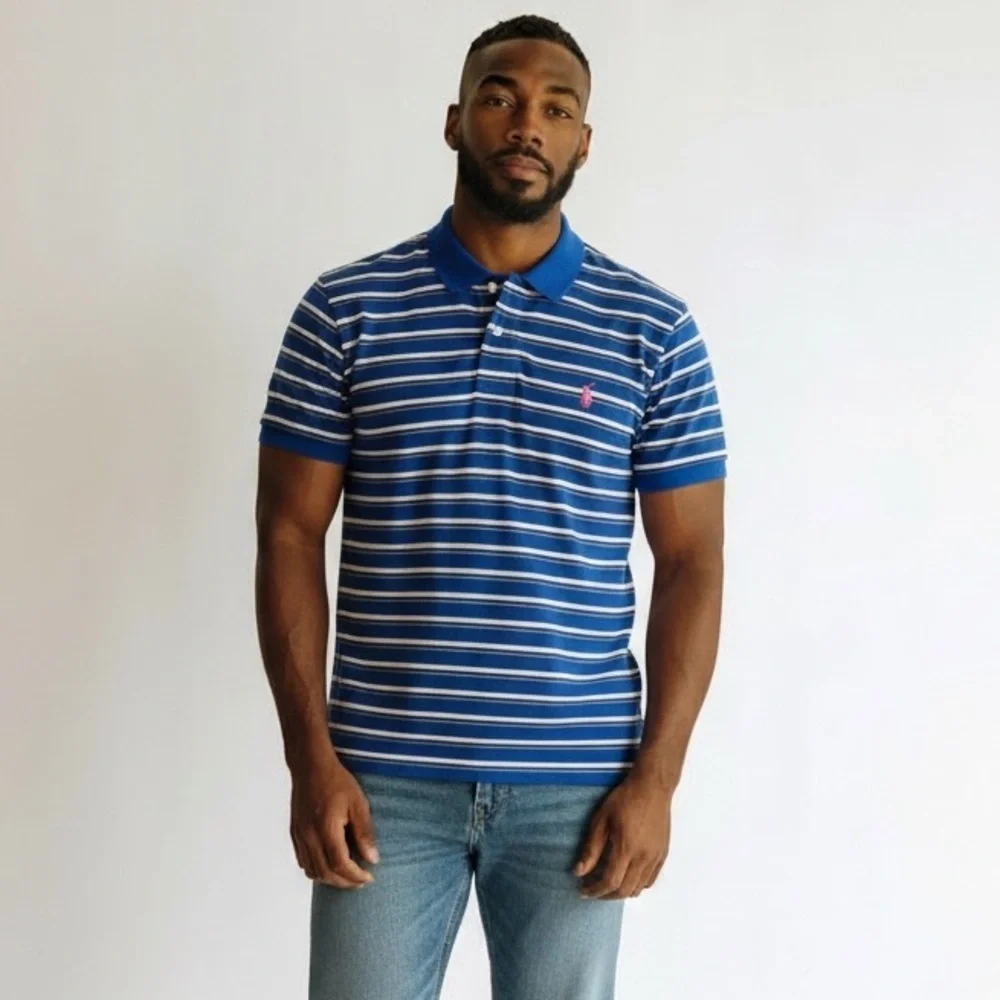 PO374 Mens Polo Ralph Lauren Designer Soft Striped Polo Shirt L